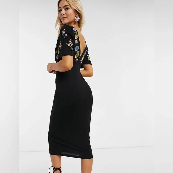 ASOS womens black floral embroidered surplice open back midi dress - Picture 2 of 6